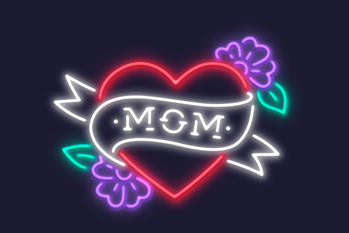 LED heart sign with MOM in the middle